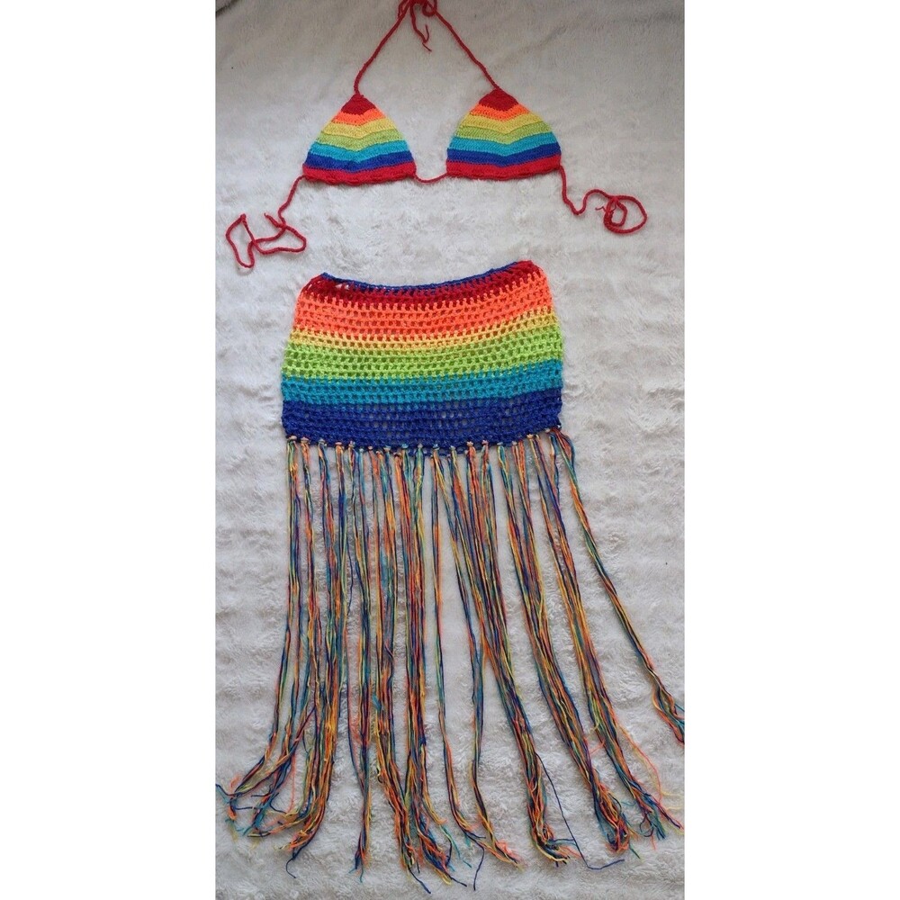New Hand Crocheted Rainbow Color Bikini Top & Skirt Long Fringe Soft Acrylic XL